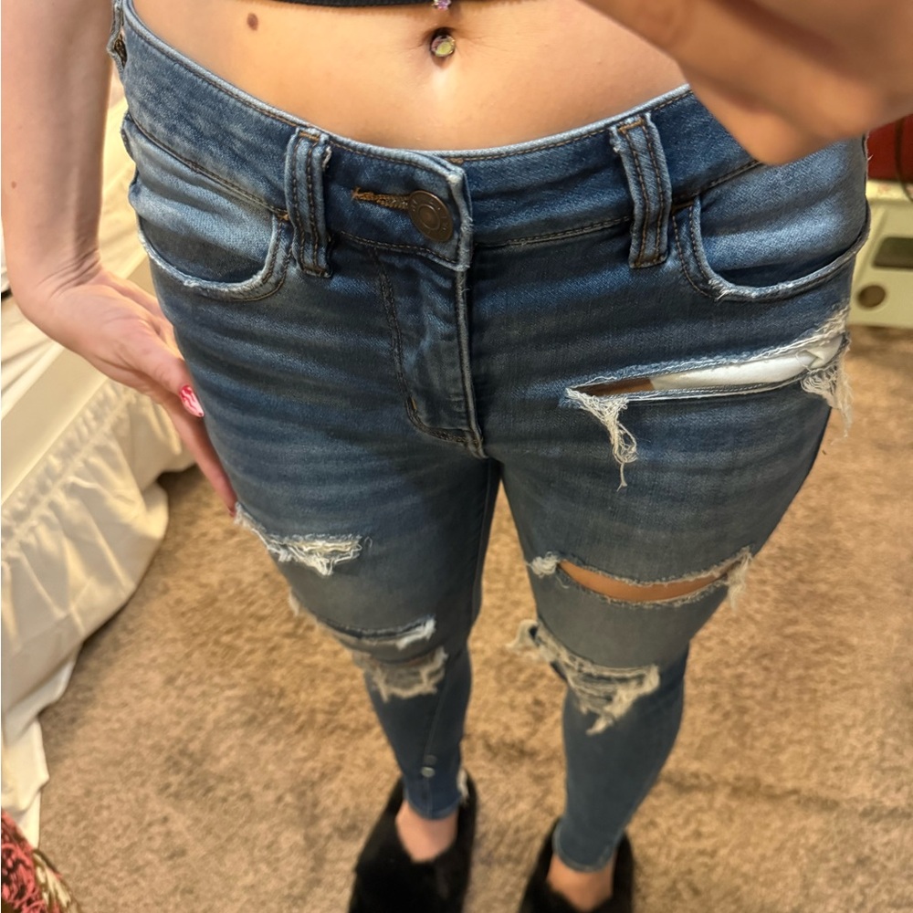 American Eagle Outfitters Ripped Dark Blue Skinny Jeans Jeggings - Picture 4 of 9